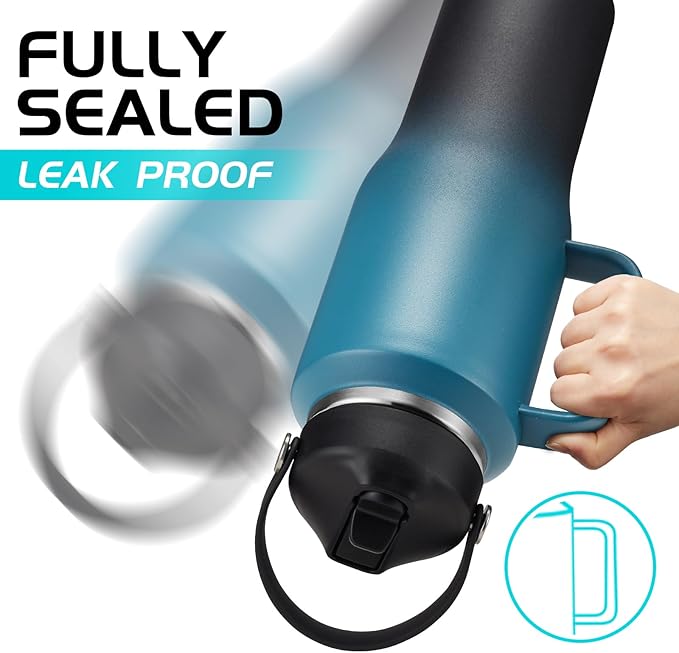 32 40 OZ Insulated Water-Bottle with Handle - Straw & Chug Lid, Strap Carrier Bag & Protective Boot, Stainless Steel Coffee Travel Tumblers, Leak-Proof, Skinny Flask Fit in Car Cup Holder