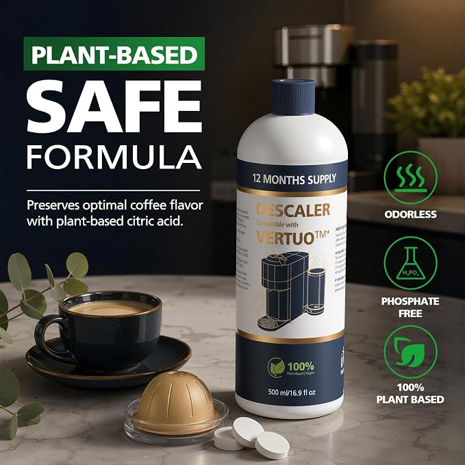 Descaling Kit Compatible with Nespresso Vertuo, 12 Month Supply-Includes 1 Bottle of Descaling Solution, 12 Cleaning Tablets & 2 Reusable Pods, Cleans Pod Area & Limescale, for Vertuoline
