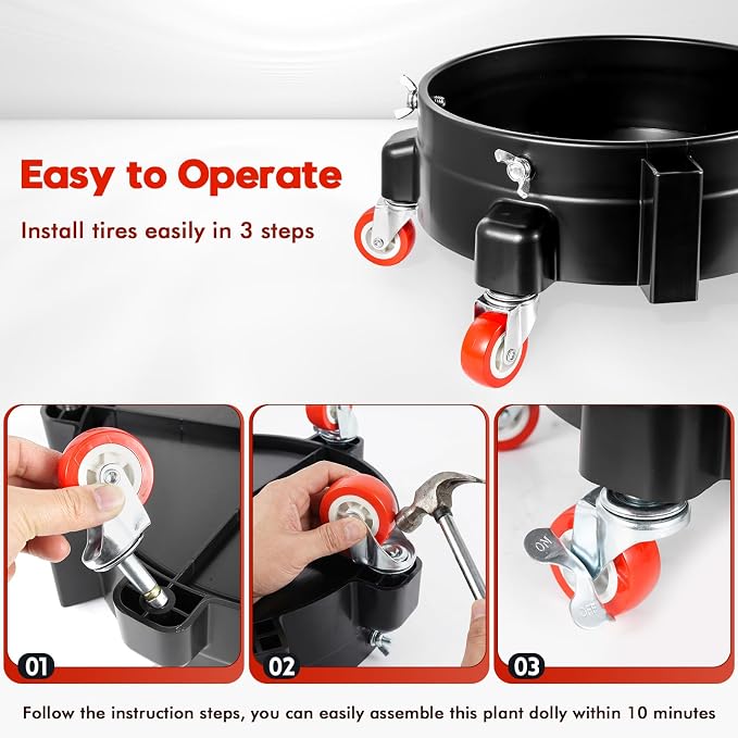 2Pcs Heavy Duty Car Wash Bucket Dolly with 360° Swivel Casters, 5 Gallon Bucket Dolly, 300 lb Capacity, Secure Fit, Round Plastic Rolling Pail Stand for Car Washing, Auto Detailing