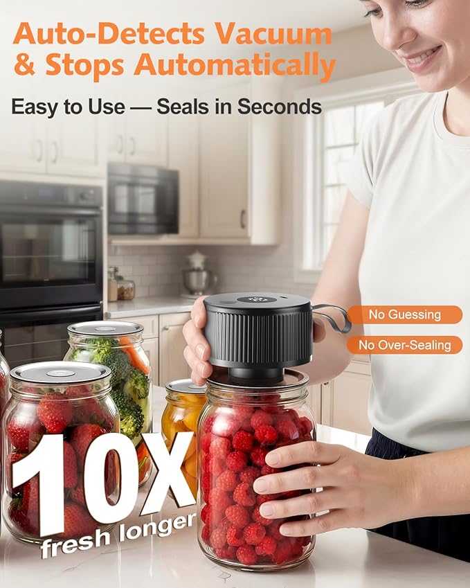 Electric Mason Jar Vacuum Sealer Kit, [2026 Upgraded] Automatic Cordless Jar Sealer for Wide & Regular Mouth Jars, One-Touch Food Saver for Canning, Homesteading & Meal Prep
