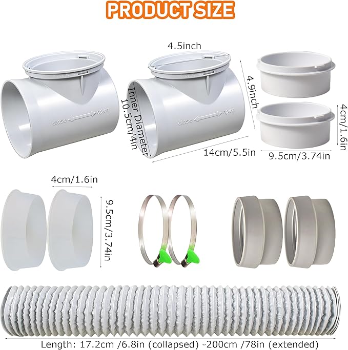 Dryer Vent Hose Connector Kit for Tight Spaces, 90° Elbow-to-Elbow with 4-Inch 6.5FT White PVC Hose, White Connectors, Tool-Free Installation