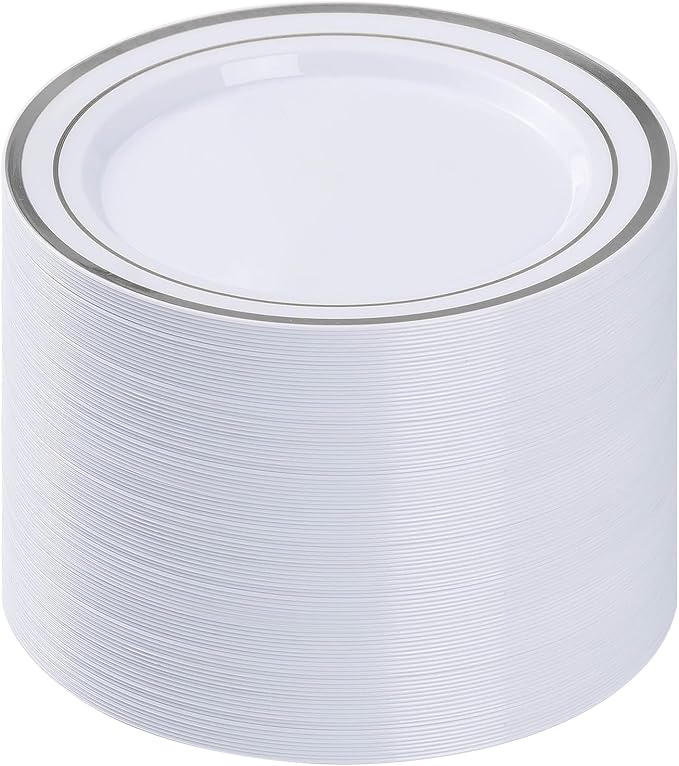 BESTVIP 200PCS Silver Plastic Plates, 10.25 Inch Disposable Dinner Plate Party with Silver Rim for Christmas, Thanksgiving, Heavy Duty Disposable Plastic Plates for Party, Wedding and Birthday, Events