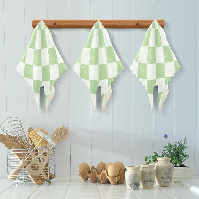 Checkered Mint Green and White Kitchen Towels Dish Cloths Set of 6 Microfiber Cleaning Cloths for Cars Super Absorbent Machine