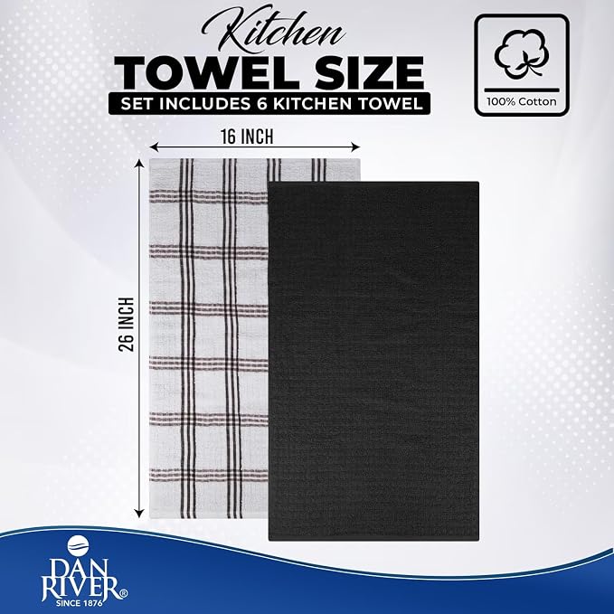 DAN RIVER Premium Black Kitchen Towels - [Pack of 6] 100% Cotton (16x 26 Inches) -Super Soft, Highly Absorbent Hand Towels, Quick Dry, Dish Towels, Tea and Bar Towels Set