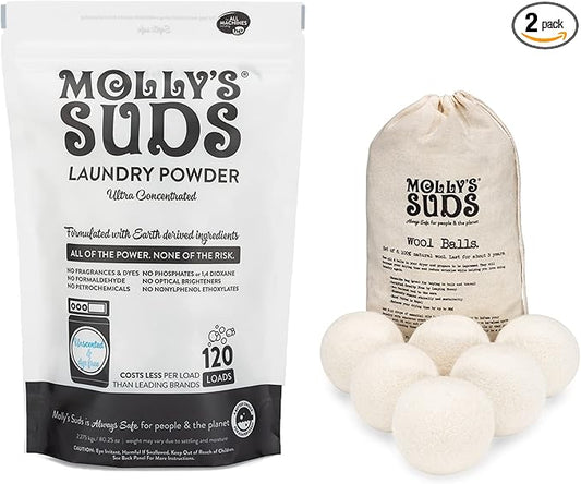 Molly's Suds Unscented Laundry Detergent Powder (120 Loads) & XL Wool Dryer Balls (White) Bundle