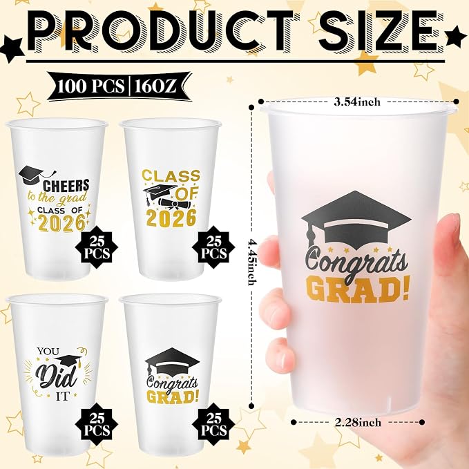 Yungyan 100 Pcs Frosted Graduation Cups 2026 Frosted Plastic Cups 16 oz Disposable Graduation Party Favors Congrats Grad Tableware Decoration for School Supplies