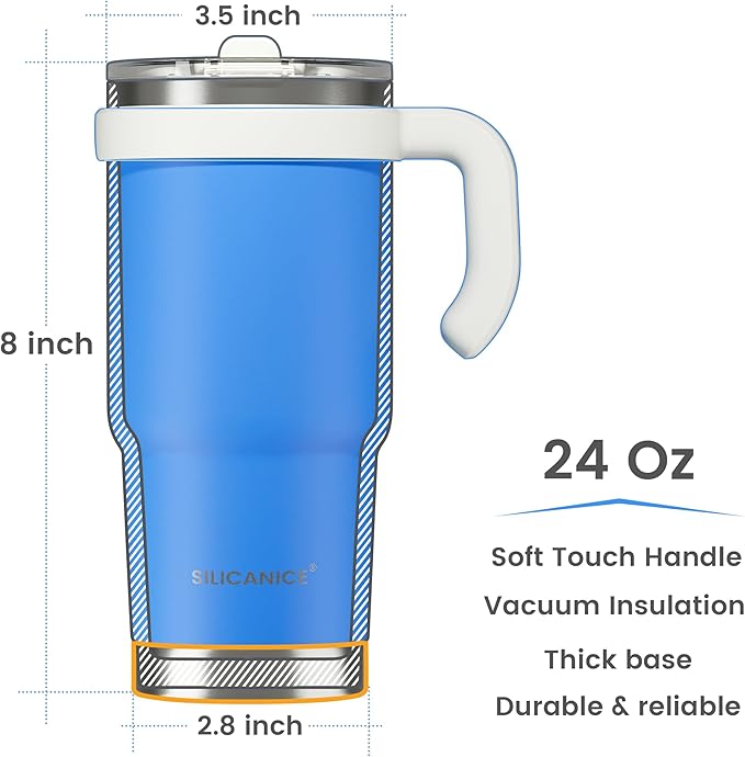 24oz Hygienic Insulated Tumbler with Handle —100% Leakproof Lid with Removable Spout & Straw, Reinforced Vacuum-Protection Base, Cup Holder Friendly, for Travel,Office & School-Blue
