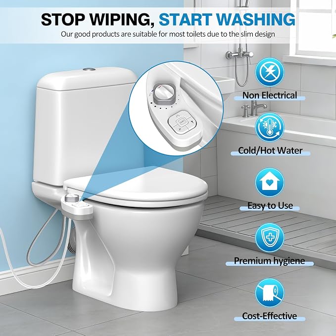 Non-Electric Bidet Attachment for Toilet, Ultra Slim Hot & Cold Water Bidet with Self-Cleaning Nozzle, Adjustable Water Pressure, Warm Water Feminine & Rear Wash (Requires Hot Water Line)
