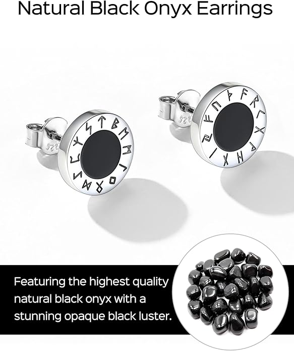 ChicSilver 925 Sterling Silver Viking Rune Natural Black Onyx Stud Earrings For Women Men