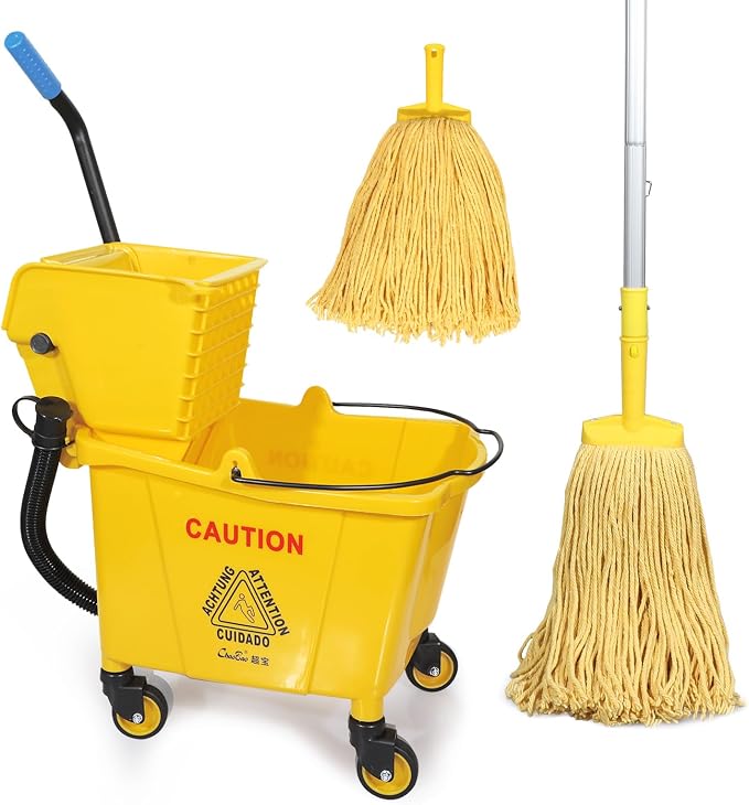 35-Quart Commercial Mop Bucket with Side Press Wringer on Wheels | Floor Cleaning , Including Commercial Mop and Mop Head Replacement,Yellow