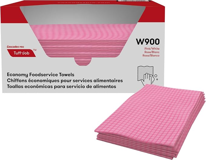 Cascades PRO Tuff-Job Economy Foodservice Towels 1-Ply – Quarterfold Reusable Wipers- Color-Coded to Support Task Separation in Cleaning Programs - 200 Sheets per Pack – W900 – Soft Pink