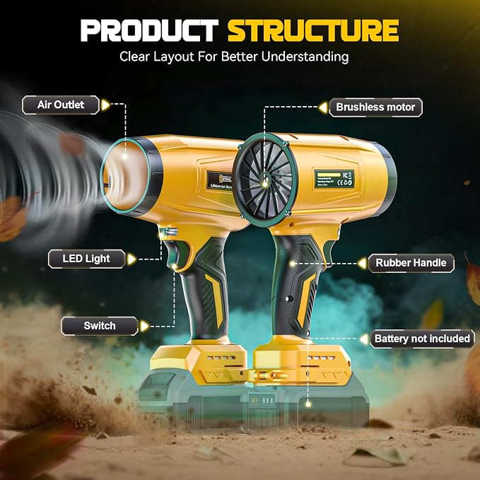 DIYtoolifz Cordless Leaf Blower Compatible with Dewalt 20V (Tool Only), 800,000RPM Brushless Motor, Adjustable Speed, Lightweight Portable Electric Blower for Car, Patio, Garden (Without Battery)