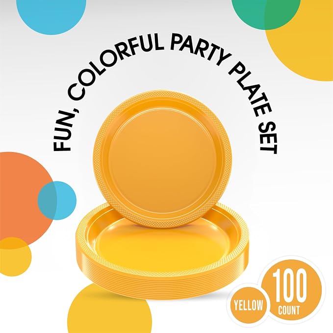 Exquisite Party Solids Yellow Plates Disposable Yellow Plastic Plates 100 Pieces - 50-7" & 50-9" Heavy Duty 350 GSM Disposable Dinnerware Sets, Plastic Dinnerware Sets