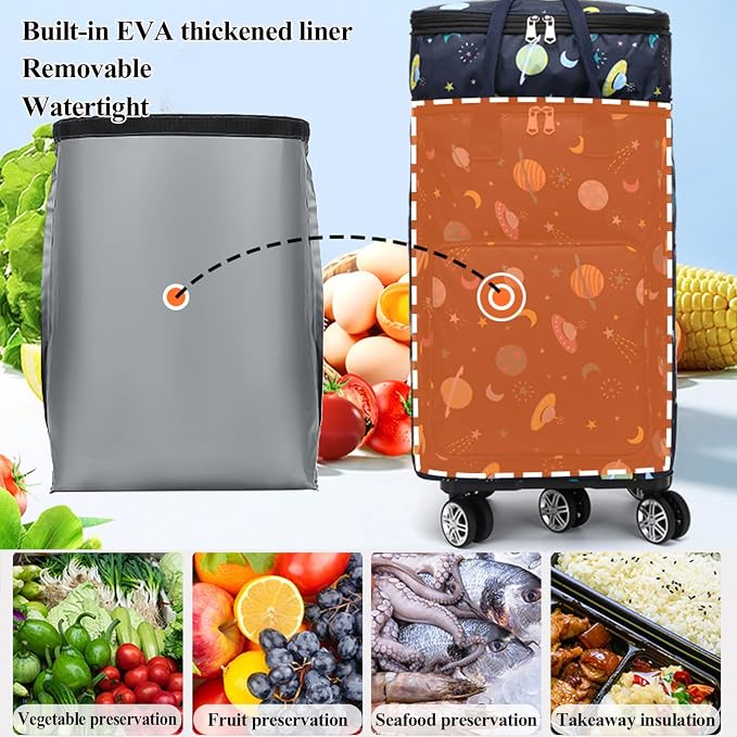 2 in 1 Shopping Cart with Wheels, Grocery, Portable Utility Dolly, Luggage Cart, Foldable Hand Truck with Built-in Removable Waterproof Bag for Shopping, Camping, Travel (Starry Sky)