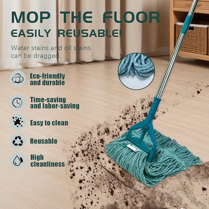 Commercial Cotton Mop Heavy-Duty Industrial with 2 Replacement Heads 152 cm Handle Replacement mop Head (Green)