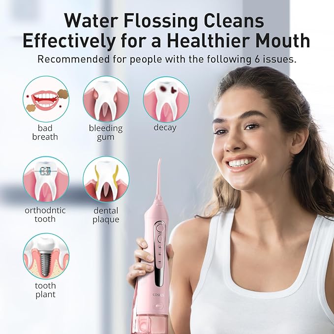COSLUS Water Dental Flosser Teeth Pick C20: Portable Cordless Oral Irrigator 300ML Rechargeable Travel Irrigation Cleaner IPX7 Waterproof Electric Flossing Machine for Teeth Cleaning, Pink