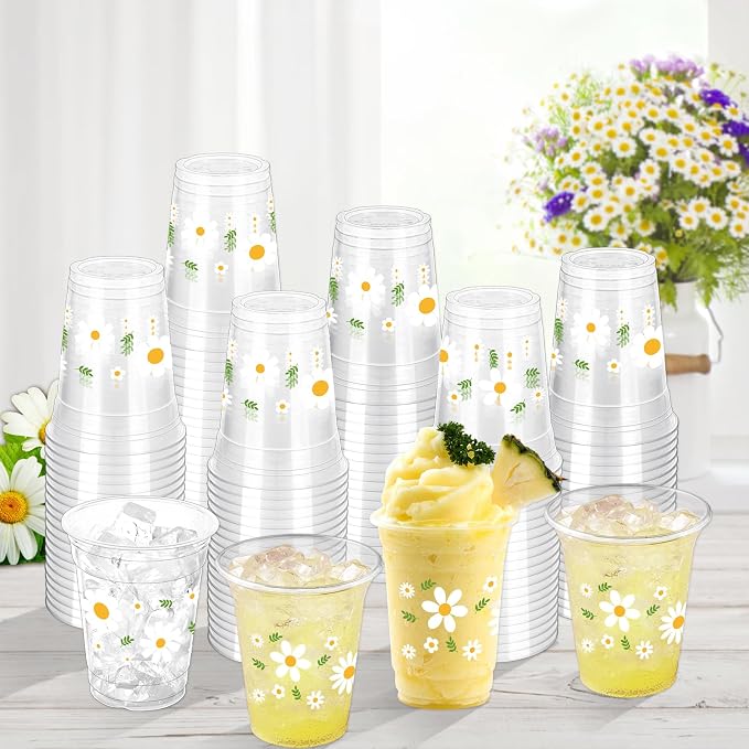 100 Pcs Daisy Party Plastic Cups 12 oz Disposable Theme Drinking Cups Retro Boho Hippie Groovy Daisy Flower Cups for Spring Birthday Party Baby Shower Party Supplies