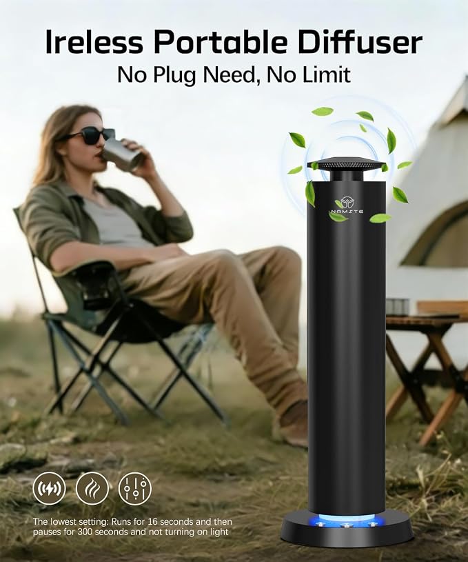 Wireless Waterless Diffuser, 1800Sq Ft Coverage,APP Control | Modes & LED Light, Quiet Rechargeable Portable Scent Diffuser for Home Office Camping (Black)