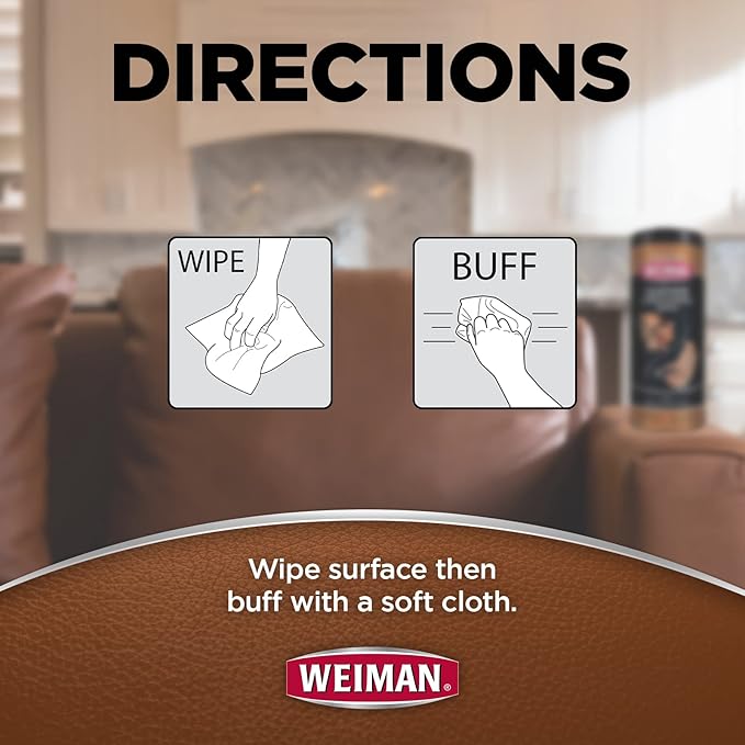 Weiman Leather Cleaner & Conditioner - Cleans, Restores & Protects Leather, UV Protection Prevent Cracking & Fading, For Car Seats, Sofas, Shoes, Bags & All Finished Leather Surfaces, 2 Pack, 60 Wipes