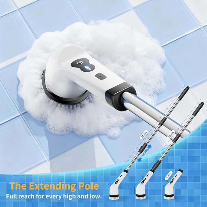 Electric Spin Scrubber, Powered Household Cleaning Brush with 8 Heads & 2 Modes- 52in Extendable Electric Shower Scrubber Deep Cleaner for Bathroom Bathtub Sink Bathroom, IPX7