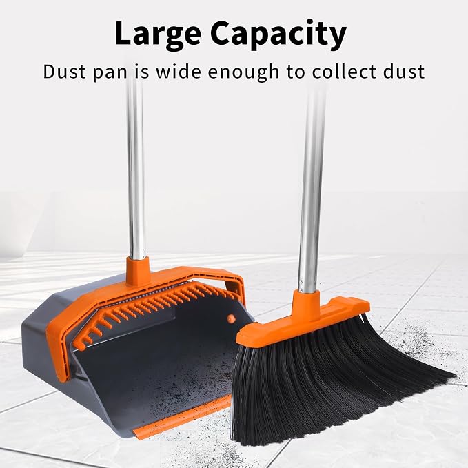 Tiumso Upgrade Broom and Dustpan Set with 51'' Long Handle, Large Upright Brooms and Dust Pans, Heavy Duty Broom, Outdoor Brooms for Patio Kitchen Shop Sidewalk