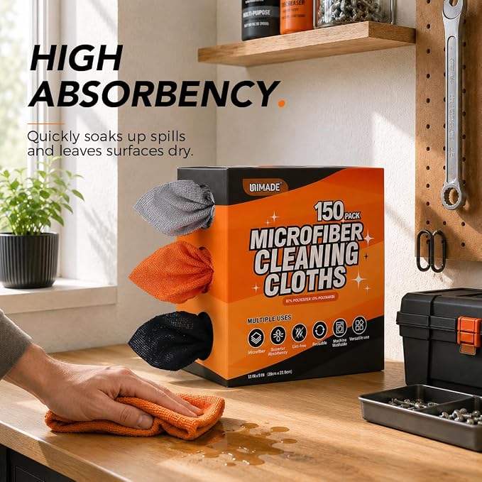 UNIMADE Microfiber Cleaning Cloth, 150 Pack Reusable Paper Towels Microfiber Towels for Cars Lint Free Shop Rags with Box for Home Kitchen Automotive, 11"x 9", Grey & Orange & Black