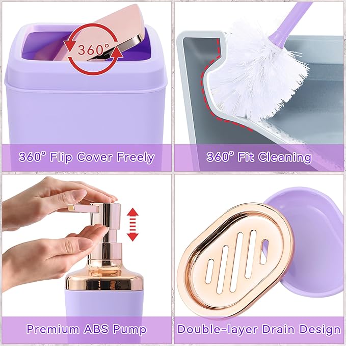 XLHOMO 9-Piece Bathroom Accessories Set, Purple Bathroom Accessories Sets Complete with Trash Can,Tray,Soap Dispenser,Toothbrush Holder,Toothbrush Cup,Soap Dish,Toilet Brush and Q-tip Holders
