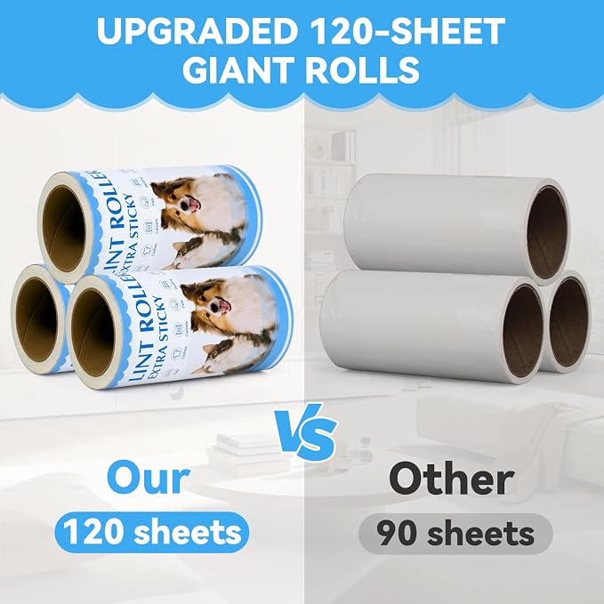 Lint Roller Refills – 960 Sheets Total, Extra Sticky Adhesive Replacement Rolls, 3.9-inch Rolls with 120 Sheets Each (No Handle Included), for Pet Hair on Clothes & Furniture