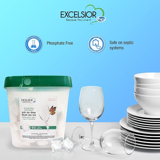 Excelsior HE All-In-One Dishwasher Detergent Pods includes 90 Dishwasher pods with built-in rinse aid for an amazing shine & leaving a gentle citrus scent