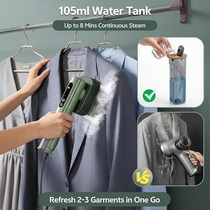 Travel Steamer for Clothes, Dual Voltage 100-240V Portable Garment Steamer, 2-in-1 Steamer & Iron, 15s Fast Heat-Up Quick Wrinkle Removal, Compact Steamer for Travel & Home (Green)
