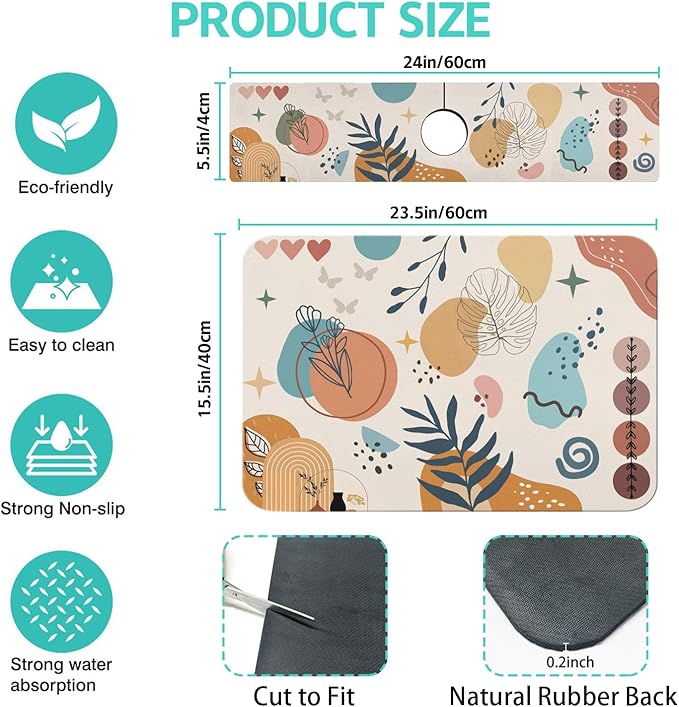 Dish Drying Mat for Kitchen Counter Matt, 2PCS 23"x15" Dish Drainer Mat & 24"x5.5" Sink Splash Guard, Super Absorbent Non-slip Rubber Backed