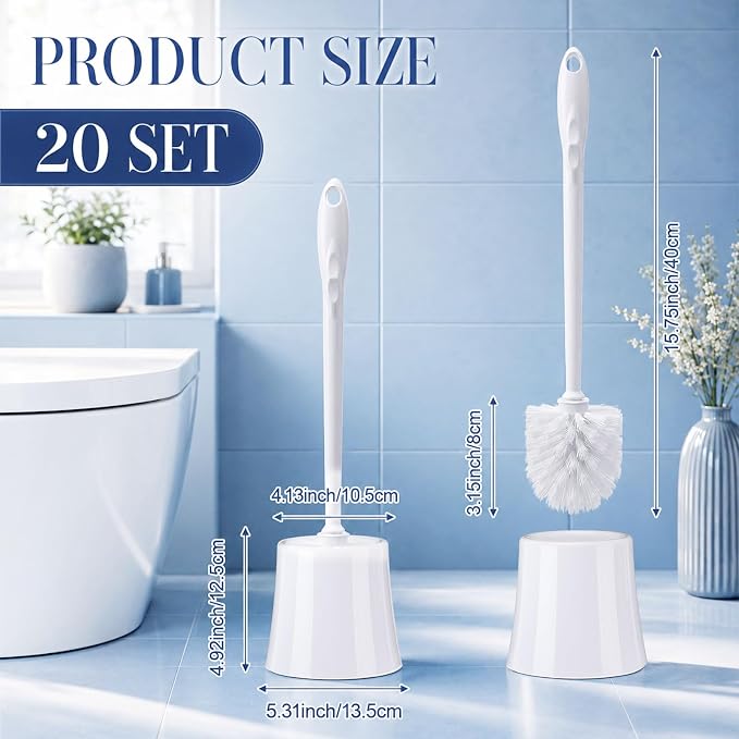 20 Pack Toilet Brush and Holder, Bulk White Toilet Bowl Brushes with Stiff Bristles, Plastic Hidden Toilets Scrub Brushes Bulk Cleaning Accessories for Commercial Bathroom, Hotel, Office, School