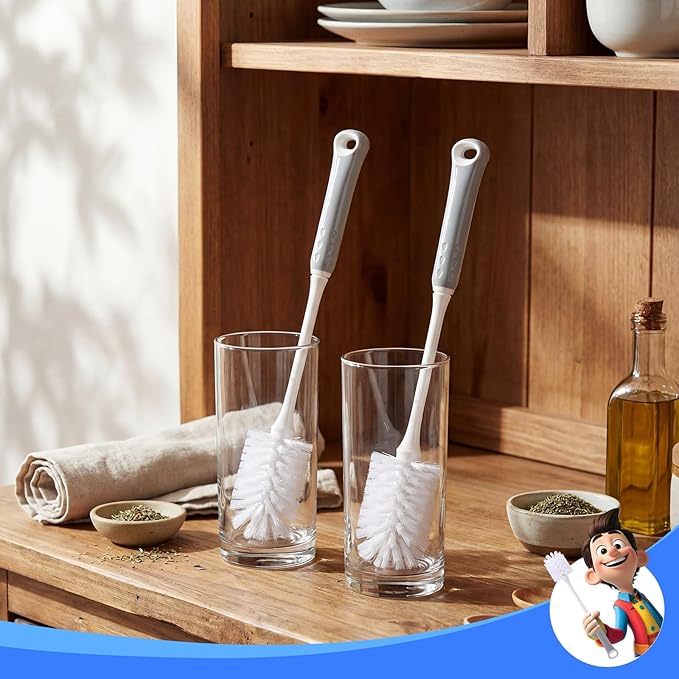 Reallnaive 12 Pack Long Handle Bottle Brush 12.8 Inch Water Bottle Cleaning Brush, Flexible Scrub, Long-Lasting Bristles for Water Cups, Glasswares, Mugs, Flat Handle