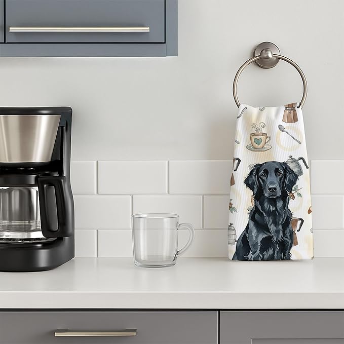 Caroline's Treasures Black Flat-Coated Retriever Coffee Bar Kitchen Towel Velour Plush Front and Cotton Loop Back Machine Washable