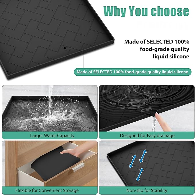 Mini Fridge Silicone Mat,19.7''x19.7''x0.5''-Fridge Drip Tray Concave and convex design is leak-Proof and Non-Slip Perfectly Compatible with Washer, Dryer, Wine Cooler, Dishwasher ect. (Black)