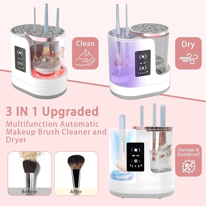 Makeup Brush Cleaner: LCD Touchscreen Electric Automatic Washer and Dryer - Suitable for Various Types of Makeup Brushes - Beauty Gifts for Women