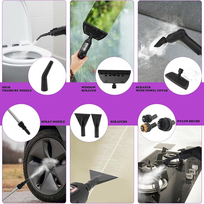 Steam Cleaner - 3-Level Adjustable Handle 15s Heat-Up - Steamer for Cleaning with 10pcs Accessories - Portable Steam Cleaner for Home for Car, Dirt, Grease, Grout, Tile, Floor, Couch, Furniture-Purple
