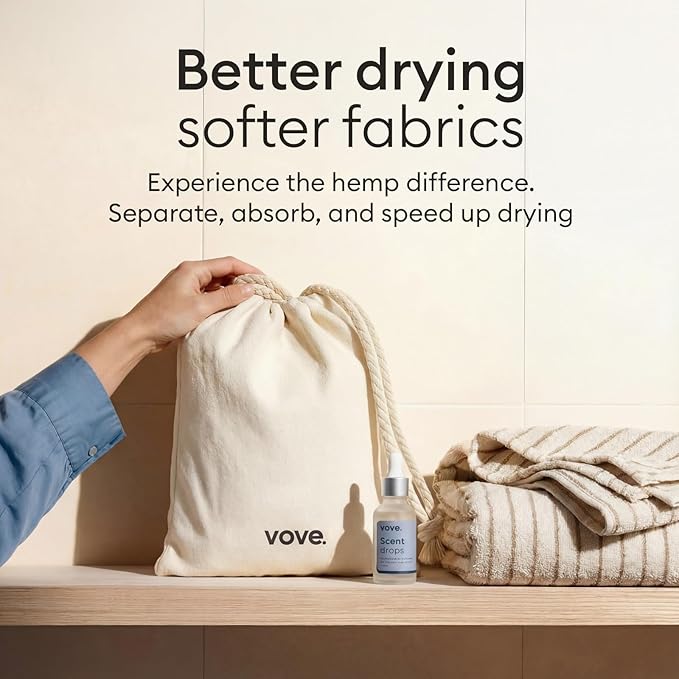 Vove Natural Hemp Dryer Balls Kit with Scent Drops - 4 Pack & Essential Oil Blend - 5X More Absorbent Than Wool - Natural Softener, Reduces Wrinkles and Static, Customizable Fresh Scent, Reusable