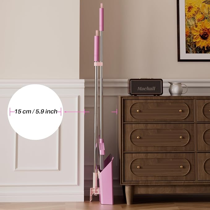 JOYMOOP Pink Broom and Dustpan Set, Upright Angle with Built-in Comb Teeth for Kitchen, Lobby, Pet Hair and Hard Floors