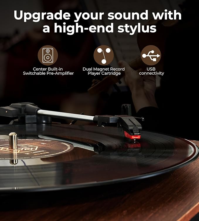 Vangoa Vinyl Record Player with External Speakers, 3 Speed Belt-Drive Turntable for Vinyl Records, Portable Bluetooth LP Players, Walnut Wood Vintage Record Player for 33/45/78 RPM, Auto Stop