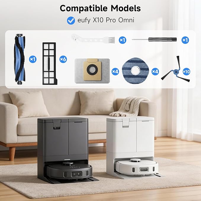 27PACK Accessories Kit for Eu-fy X10 Pro Omni, Replacement Parts, 1 Roller Brush, 6 HEPA Filters, 4 Mop Pads, 10 Side Brushes, 5 Dust Bags for Eu-fy Clean X10 Pro Omni Robot Vacuum