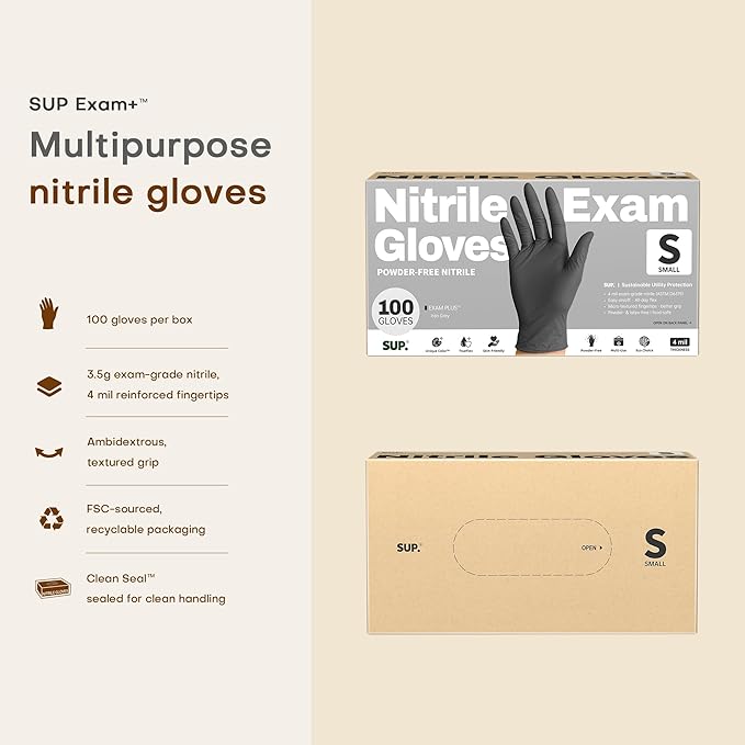 SUP Nitrile Exam Gloves, 1000 Ct Powder Free Latex Free Food Safe Non-Sterile Cooking Cleaning Disposable Medical Glove Black