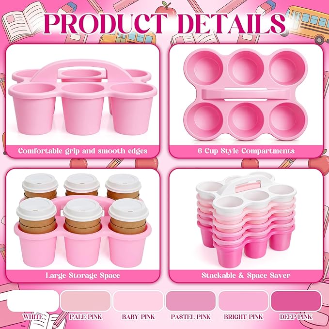 Suclain 6 Pcs Caddy Storage Basket with Handle, Plastic Drink Cup Caddy Holder, 6 Compartments for Table, Office, Arts, Crafts, Crayon, Marker, Pencil(Pink)
