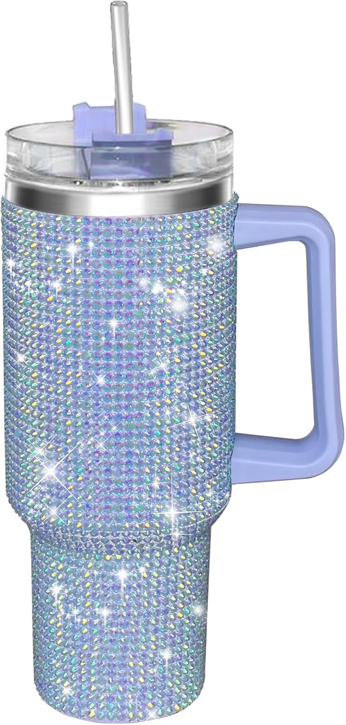 HWISDMIG 40oz Tumbler with Handle-Glitter Rhinestones Tumbler Bling Cups Stainless Steel Water Bottle Diamond Studded Tumbler for Women-Birthday Gifts for Women, Mom, Girlfriend (Light Lilac)