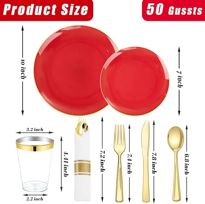 KIRE 350PCS Red Plastic Plates - Heavy Duty Red Plates Disposable - 50Guest Plastic Dinnerware Include 50Dinner Plate,50Dessert Plate,50Pre Rolled Napkins with Silverware for Wedding/Party