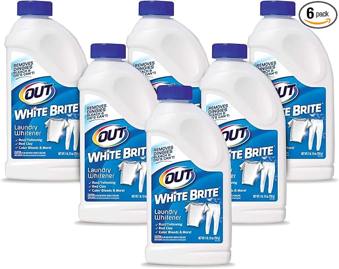 OUT White Brite Laundry Whitener Powder, Stain Remover Detergent Booster for Clothes, Removes Red Clay and Rust Stains on White Clothing and Uniforms, 1 Pound 12 Ounce, Pack of 6