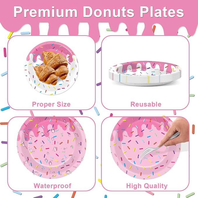 96Pcs Pink Donut Confetti Party Plates and Napkins Themed Decorations Spring Pink Donut Dessert Plates Donuts Tableware Set for 24 Guests Grow Up Themed Baby Shower Party Favors Supplies