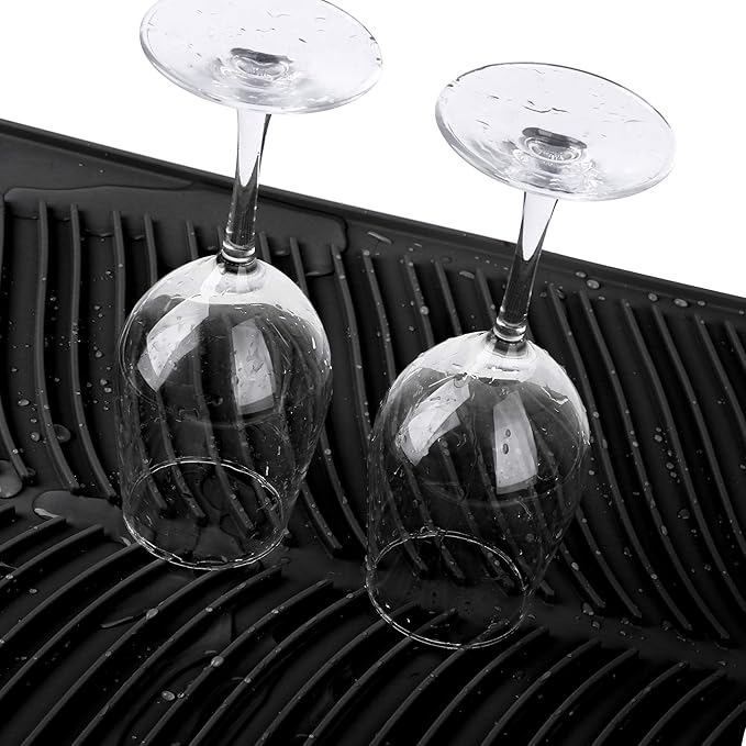 100% Waterproof BPA Free Silicone Dish Drying Mat - 24" x 18" x 0.3" Large Drainer Mat Protection Heat Resistant Trivet Counter Top Mat Sink Non Slip Dish Draining Mat Dish Washer (S, Black)