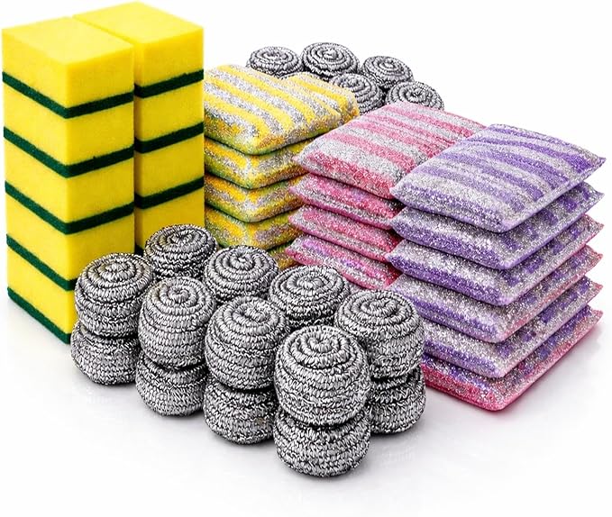 30 PCS Kitchen Cleaning Sponge Set, Heavy Duty Non Scratch Scrubber Pack with Sponges, Steel Wool Scrubbers & Scouring Pads for Dishes, Pots, Pans & Multi Surface Cleaning.