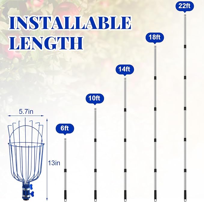 Colingmill 22.5ft Fruit Picker Pole with Basket, Telescoping Fruit Picking Tool with Soft Cushion, Extendable Harvester for High Trees, No Ladder Needed for Apple, Cherry, Orange, Citrus, Peach